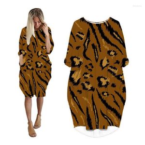 Vestidos casuais para mulheres bolso manga longa roupas femininas moda plus size roupas femininas midi vestido feminino estampa leopardo MW