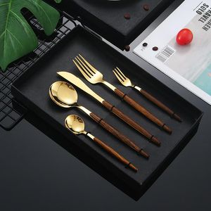 Dinnerware Sets Stainless Steel Tableware Knives Forks Spoons Cross-Border Five Main Components Set Wood Grain Clamp Handle Imitation