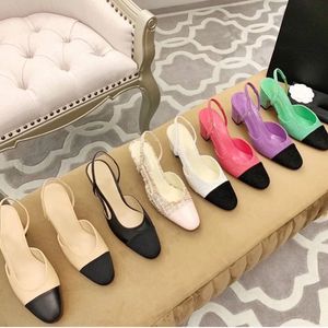 Summer Slingback Tjock Sandals Leather Sole Chunky Block Heels Flats runt Toe Women's Luxury Designers Wedding Dress Evening Shoes Factory Footwea Size 35-43