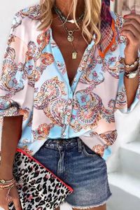 Women's Blouses Sky Blue Boho Print Lantern Sleeve Button-Down Shirt Women Casual Soft Tee Shirts Female Harajuku Mujer Top Outfits