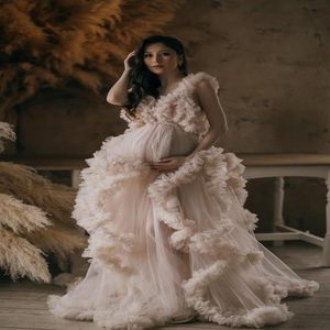 Mode Mutterschaftskleid für noble oder Babyshower Puffy Ruffled Tulle Long Prom Kleider Plus Size Draped Po Requise Dress232o