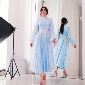 Blue A-Line O Neckline Prom Dresses Cal-Length Puffy Sleeve Party Party Bead exin arear Dubai Robe de Soiree 326 326