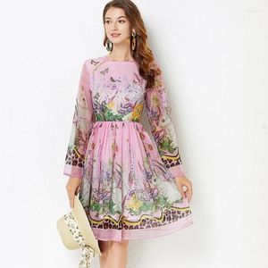 Casual Dresses 2023 Fashion Runway Summer Animal Print Pink Chiffon Dress Women Long Sleeve Party Vestidos