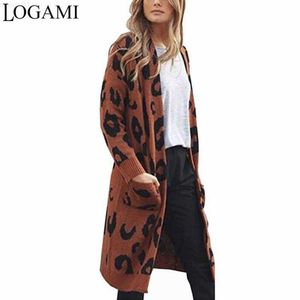 Damenpullover LOGAMI Stricken Lange Strickjacke Frauen Langarm Leopard Pullover Weibliche Herbst Winter Casual Strickjacken Mantel L230718