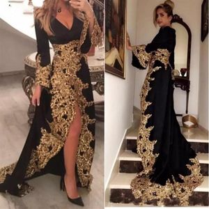 Kaftan dubai stil muslimska kvällsklänningar långa ärmar svarta velor guld applikationer damer formella prom klänningar abiye gece elbisesi324u