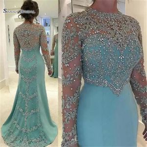 2019 Mintgrünes Vintage-Abschlussballkleid mit langen Ärmeln, Perlen, langen Ärmeln, applizierten Abendpartykleid234c