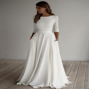 2020 A-line Crepe Modest Wedding Dress Long Sleeves Pockest Sweep Train Simple Elegant Informal Boho Bridal Gowns Sleeved Custom M271b