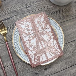 100 stycken Lot Laser Cut Eiffel-Tower Wedding Inbjudningskort Personligt Rose Gold Glittery Quinceanera födelsedag IC142228R