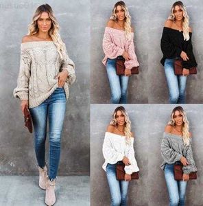 Women's Sweaters Women's Sweater 2022 Autumn Winter New Knitted Thickened Off-The-Shoulder Loose One Word Neck Solid Color Pullover Vintage Tops L230718