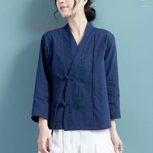 Vestuário étnico 2023 Chinês Vintage Hanfu Blusa Flor Nacional Bordado Linho de Algodão Oriental Serviço Solto Casaco Zen