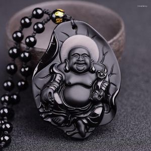 Anhänger Halsketten Natürlicher Obsidian Schmuck Handgeschnitztes Schloss Maitreya Happy Buddha Glückshalskette für Frauen / Männer