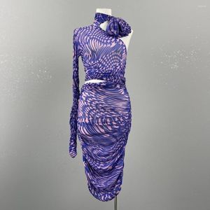 Sıradan Elbiseler 2023 Kadın Moda Uzun Kollu Baskı Yıldız Bir Omuz Saleti Bel Elbise 0427