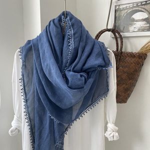 Halsdukar fast färg vanlig bomullslinne med pom trim kvinnor vår sommarlätt mjuk huvudduk kvinnlig mode lång sjal 2023