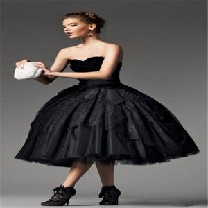 Neue Prinzessin Vestidos Custom US2-26W Gothic Schwarz Spitze Schatz Ballkleid Hochzeit Kleid Tee Länge Braut Party Gast Bogen tier295h