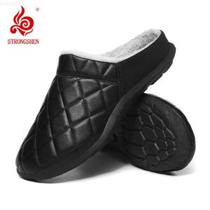 Slippers STRONGSHEN Men Cotton Home Slippers PU Leather Winter Indoor Slippers with Fur Waterproof Warm Soft Anti-skid House Slipper L230718