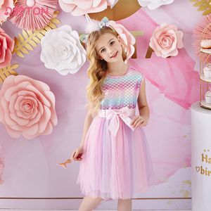 DXTON Princess Girls Dresses Sleeve Summer Children Dress Elegant Toddler Kids Dress with Bow Girls Birthday Party Clothing