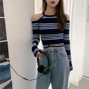 Kadın Sweaters Deeptown Y2K Vintage Mavi Kırpılmış Çizgili Kazak Kadın Kore Moda Omuz Dışı Örme Jumper Kpop Seksi Örgü