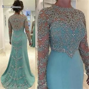 2019 Mintgrünes Vintage-Abschlussballkleid mit langen Ärmeln, Perlen, langen Ärmeln, applizierten Abendparty-Kleid325T