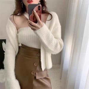 Malha Feminina Mink Cashmere Cardigans Suéter Korea Colete Feminino Sexy Cold Shoulder Tank Tops Outono Inverno Camis Slim Casual Conjunto de Duas Peças