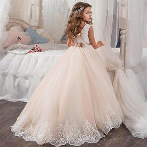Little Queen Dress White Lace Flower Girl Dresses Wedding Party Pärled Midja Barnklänning 2021 Säljer 03307K