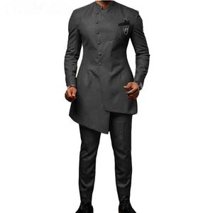 African Stand Collar Men Suit 2 Piece Male Dress Wedding Groom Dark Grey Slim Fit Business Prom Party Tuxedo Man Blazer Men's2861
