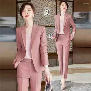 Dwuczęściowe spodnie damskie różowy garnitur jesienne w stylu temperamentu w stylu formalne ubrania robocze profesjonalny płaszcz zwyczajny