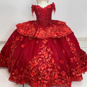 Rotes Blumenmädchenkleid für die Hochzeit 2024, schulterfrei, Applikationen, Kristall, 3D-Blume, Ballkleider, Kinderkleid, Erstkommunion, Fotoshooting