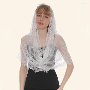 Bufandas Mantón de moda Velo de encaje Bufanda de poliéster Bandana Oración Boda Capilla Blanco Bordado Hijab Mujeres Borla