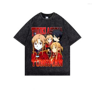 Herren-T-Shirts, Anime-T-Shirts, Herren-T-Shirt, Schwertkunst online, gewaschene Baumwolle, Sommer, lässig, kurzärmelig, Hip-Hop-Streetwear, Manga-T-Shirts