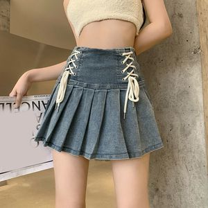 Юбки Deeptown Джинсовая плиссированная юбка корейская модная женщина с повязкой высокой талии милая сексуальная грузовая джинсовая юбка Mini Summer Y2k Girl 230717