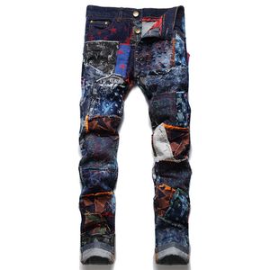 Men's Jeans High Street Fashion Men Cowboy Print Patchwork Casual Hip Hop Straight Denim Coloured Drawing Pants Slim Trousers 230718