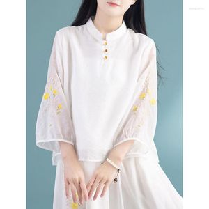 Ethnische Kleidung 2023 Chinesische Vintage-Bluse Nationale Blumenstickerei Chiffuse Traditionelles Retro-Service-Qipao-Shirt