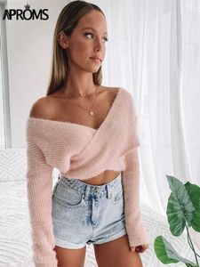 Camisolas Femininas Aproms Suéter de Malha Fofo Rosa Feminino Outono Inverno Decote em V Envolto Frente Básico Pulôver Cropped Fashion Outerwear Jumper 2022 L230718