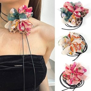 Large Fabric Flower Choker Necklaces for Women Elegant Long Lace Up Rope Chains Collar on Neck Female Fashion Accessories