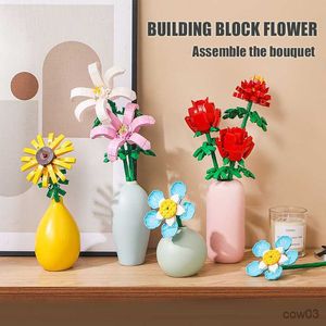 Blocos de flores Bloco de construção Buquê Modelo Brinquedo Decoração para casa Vaso de plantas Rosa Blocos de montagem Tijolo Brinquedo para menina Presente para crianças R230718