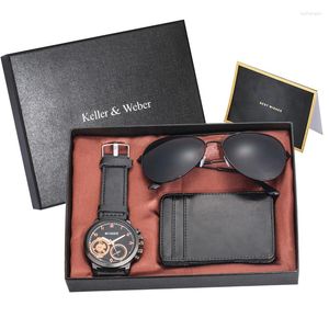 Armbandsur Creative Gift Set Men's Cool Solglasögon med läderband Quartz Wrist Watch Black Card Plånbok närvarande till make pojkvän Box