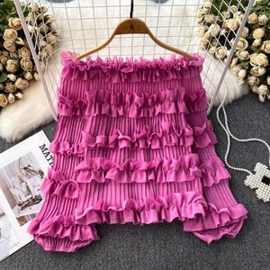 Women's Blouses Spring Autumn Fashion Design Lantern Long Sleeve Slash Neck Off The Shoulder Chiffon Shirt Casual Layered Ruffles Top