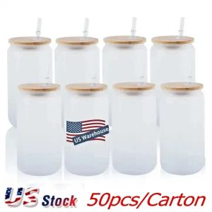 CAN US STOCK 16oz Canecas de cerveja de vidro de sublimação com tampa de bambu Copos de palha DIY Blanks Frosted Clear Can Cups Heat Transfer Cocktail Iced Coffee Whisky JY18