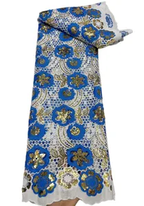 Costura Artesanato Lantejoulas Bicolor Leite Seda Renda Tecido Nigeriano 2023 Feminino Vestido Formal Africano Ilhós Últimas 5 Metros Qualidade Premium Senhoras Festa de Casamento YQ-6009