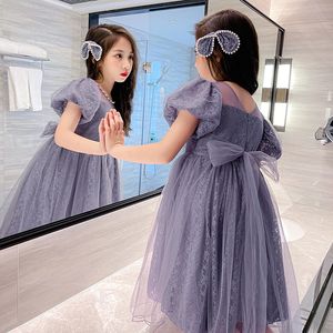 2023 Korea Summer Teens Kids Purple Girls Closes Pearl Dress Bow Mesh Lace Princess Shelcledless Bubble Dresses 5 8 10 12 Year