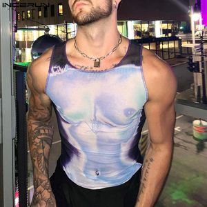 Men s Tank Tops Fashion Men 3D Printing Mesh Transparent O neck Sleeveless Casual Vests 2023 Skinny Sexy Clothing S 5XL INCERUN 230718