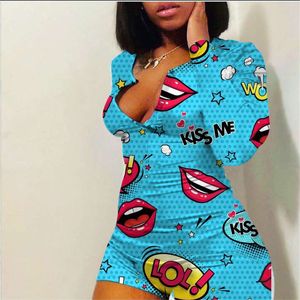 Kvinnors jumpsuits Rompers Sexiga kvinnor V-ringning Bodycon Sleepwear Jumpsuit Bodysuit Shorts Romper Bodysuit Leotard Button Bodysuit Print Long Sleeve Lips 230717