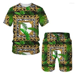 Herrspårsperioder Tvådelar Sportwear 3D Tryckt T-shirt Set Chain Leaf Beach Clothing Luxury Designer Suit Street Plus Size