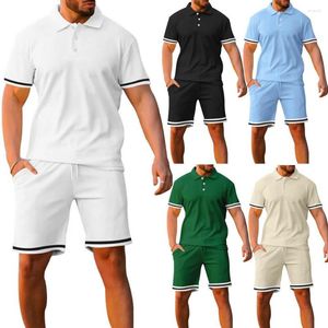 Men's Tracksuits 2 Pcs/Set Men Summer Tracksuit Lapel Striped Short Sleeve Buttons Sports Elastic Drawstring Shirt Shorts Set Clothes