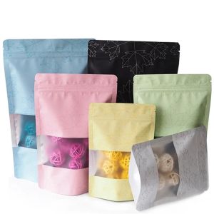 100 pz/lotto Sacchetto di Cibo Trasparente Finestra Foglia D'acero Foglio di Alluminio Borsa Fondo Piatto Metallico Mylar Nero Zip Bag