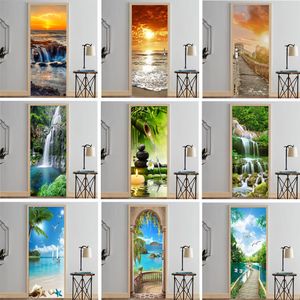 Väggklistermärken solnedgång havsstrand dörr klistermärke Lim Pvc Forest Bridge Natural Landscape Kylskåp Wallpaper Wrap Mural Cover Waterproof 230717