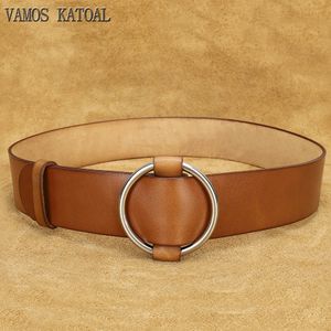 Neck Ties Genuine Leather Belts for Women Black Simple Waist Ladies Band Round Buckle Wide Belt Decoration Coat Sweater Fashion Dress 230718