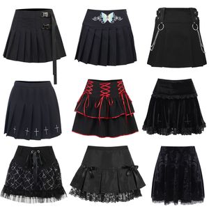 Saias Punk Harajuku Minissaia Sexy Y2K Grunge Gótico Renda preta Cintura alta Saia evasê plissada Anos 90 Feminino E-girl Clothes 230717