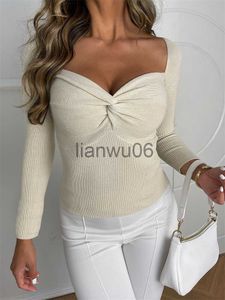 Kvinnors tröjor Tossy Solid Casual Women's Twist Knot Front V Neck Crop Sweater Knitwear Ladies 2022 Autumn Long Sleeve Sticke Pullover Tops J230718