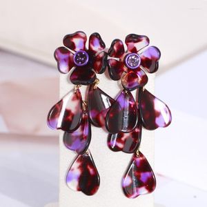 Stud Earrings European And American Fashion Brand Asymmetrical Pattern Blooming Resin Fringed Flowers Long Temperament Girl